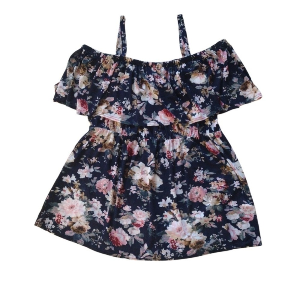 Ivy Rose Blouse Woman 2X Blue Floral of the Shoulders Ruffle Mesh Boho Beach